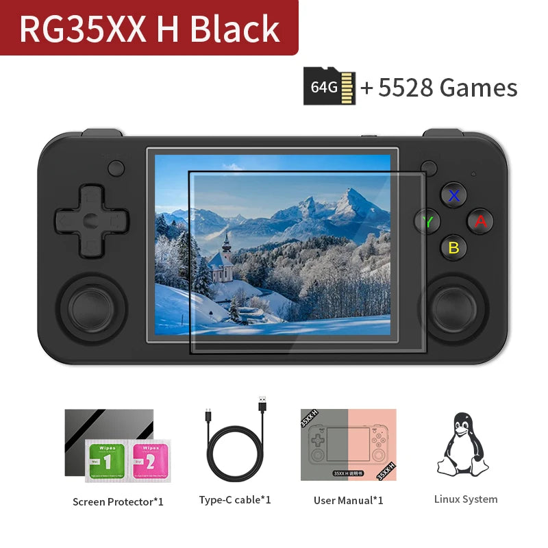 RG35XX H Handheld Game Console with 3.5-Inch IPS Screen, Linux OS, 64GB Storage, 3300mAh Battery, and 5528 Preloaded Retro Games