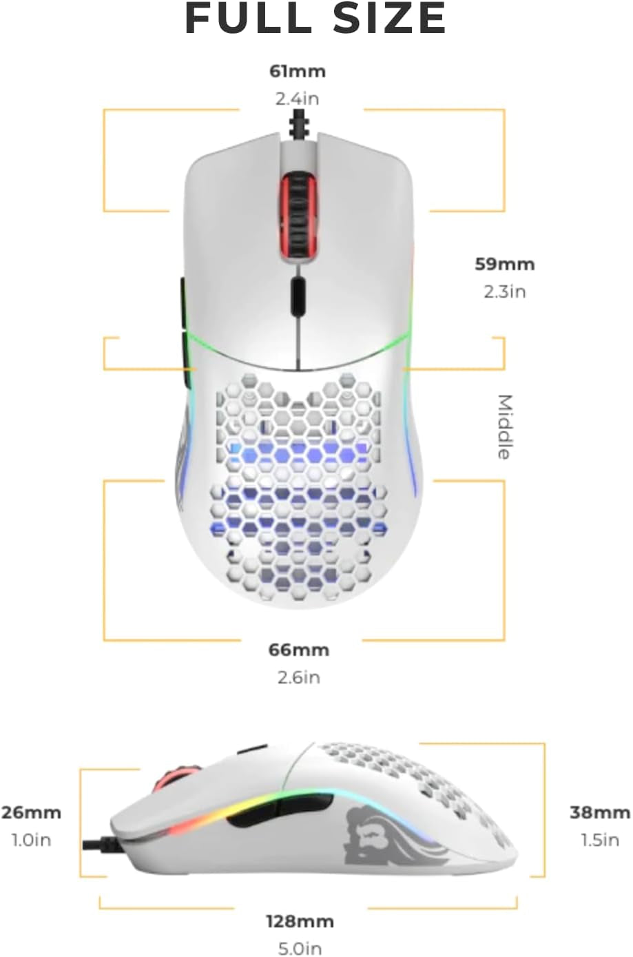 Model O Wired Gaming Mouse - 67G Superlight Honeycomb Design, RGB Lighting, Pixart 3360 Sensor, Omron Switches, Ambidextrous - Matte White