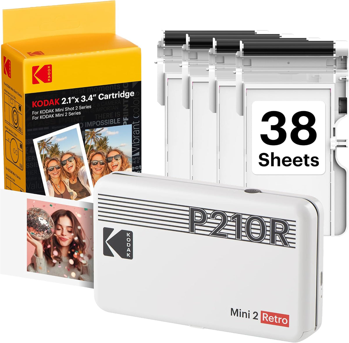 KODAK Mini 2 Retro Portable 2x3 Photo Printer with 4PASS Technology, Includes 38 Sheets, White